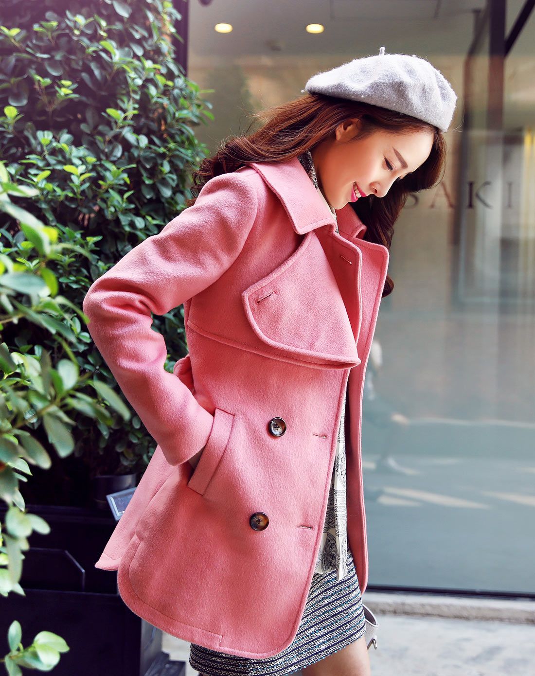 皮粉色 韩版修身版毛呢大衣