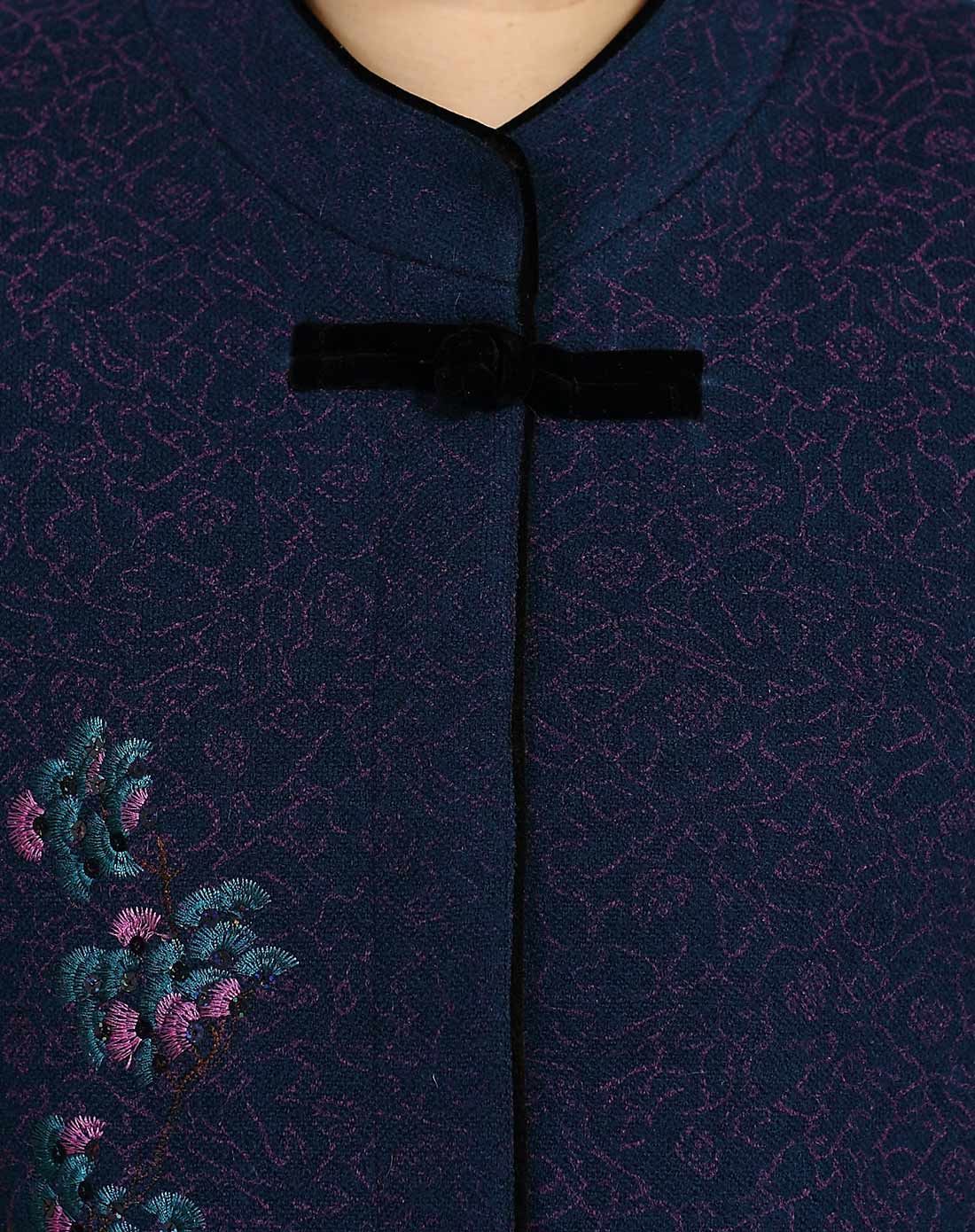 深蓝暗纹梅花刺绣中式毛呢外套