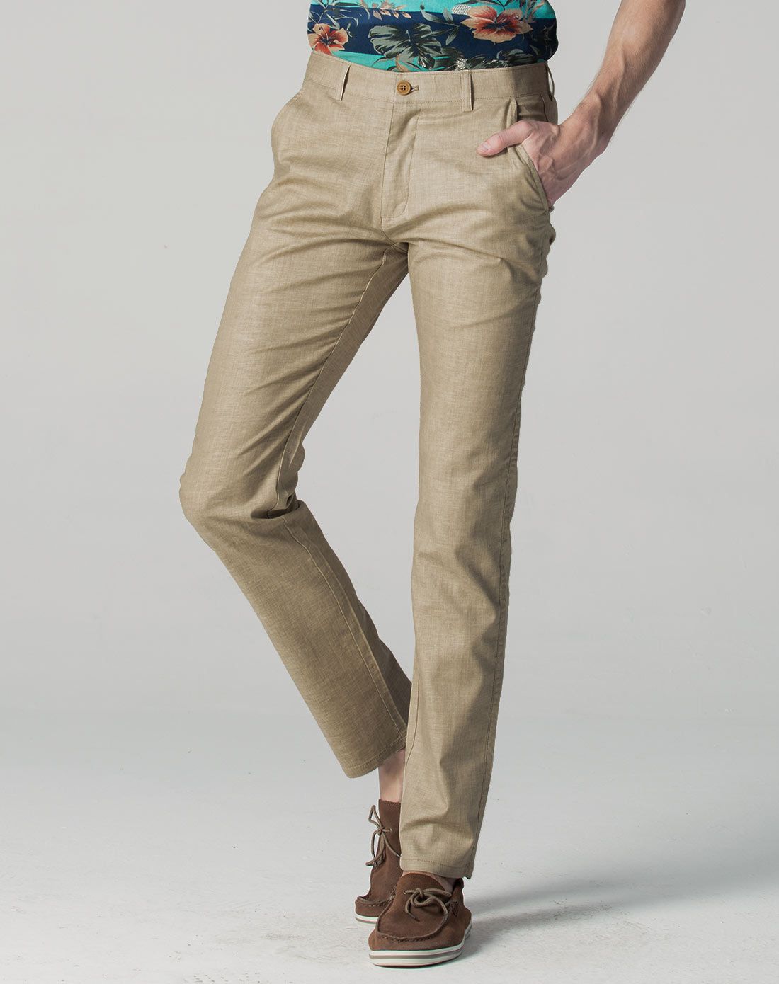 浅卡其色亚麻微弹休闲长裤