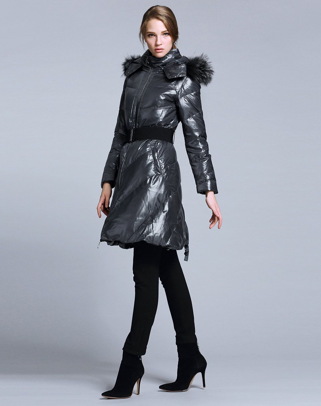 卡雷尔cerel vogue铁灰色舒适高贵系腰带长款羽绒服2e340027809288