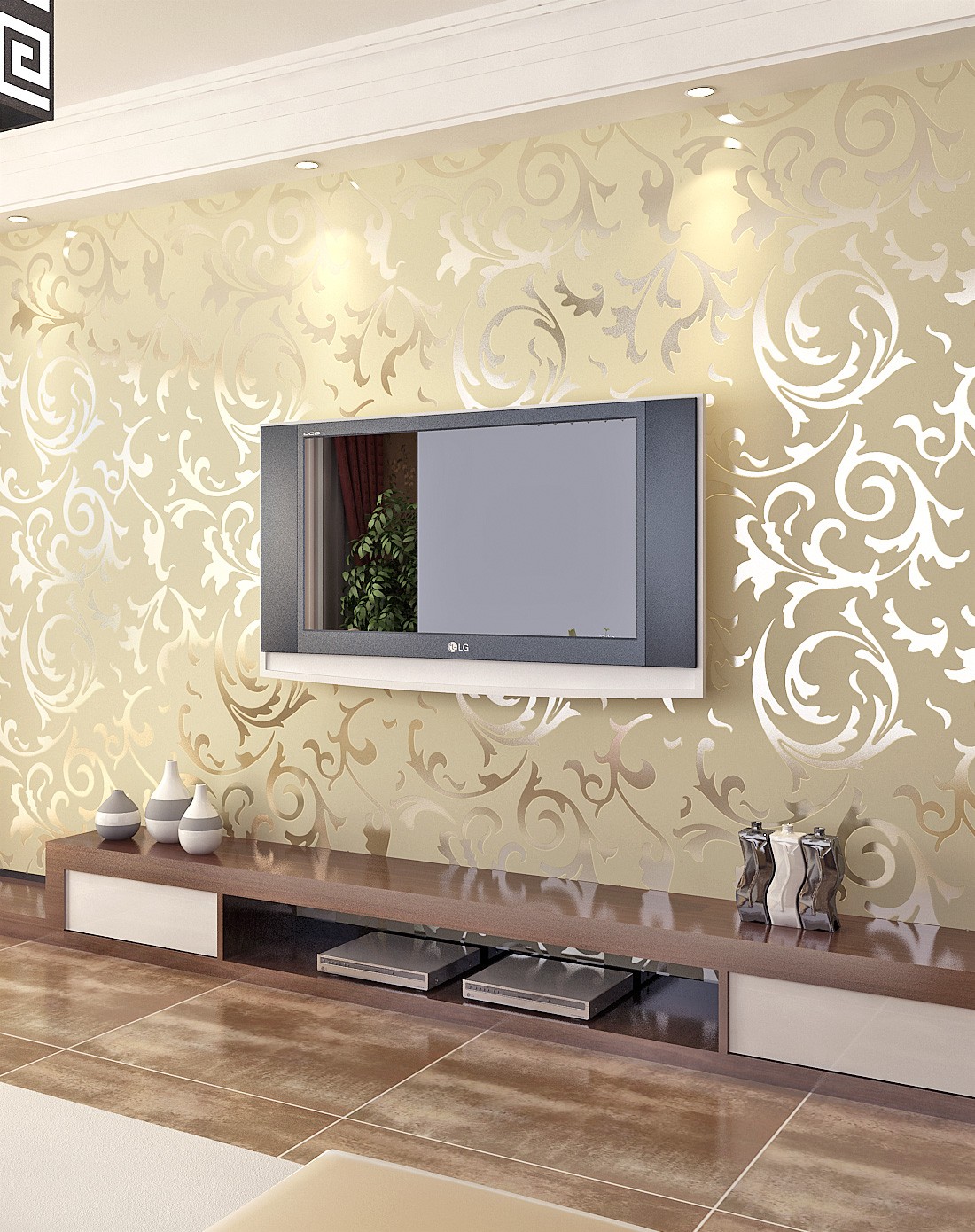 米黄色3d立体植绒欧式背景墙壁纸