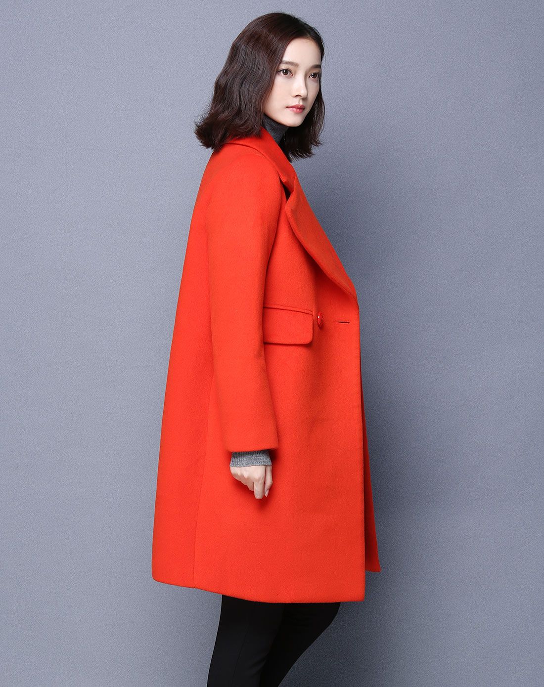 橘红色时尚大翻领中长款呢外套