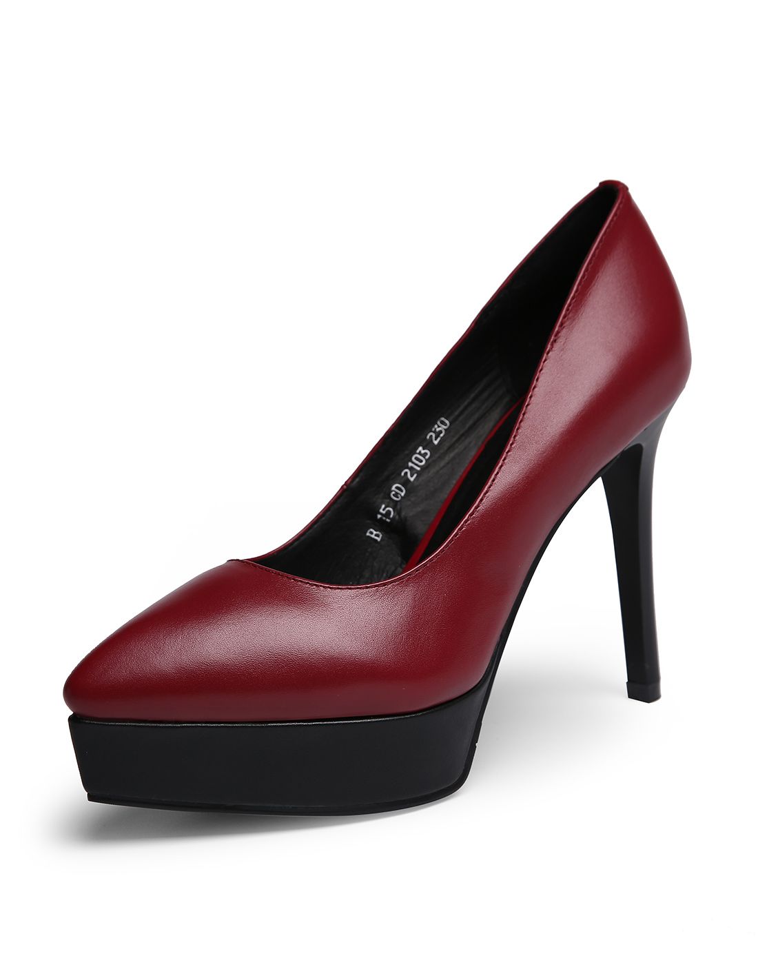 女款酒红色头层牛皮细高跟舒适防水台浅口单鞋