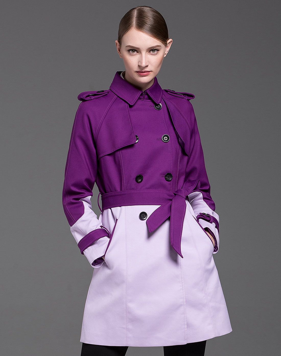紫色长袖翻领双排扣拼接高端欧美风气质风衣