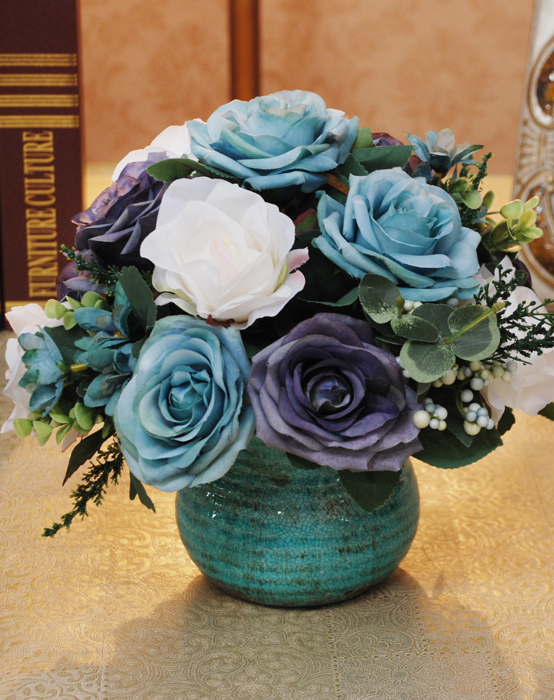 地中海风格陶瓷花艺套装 花瓶加手工插花