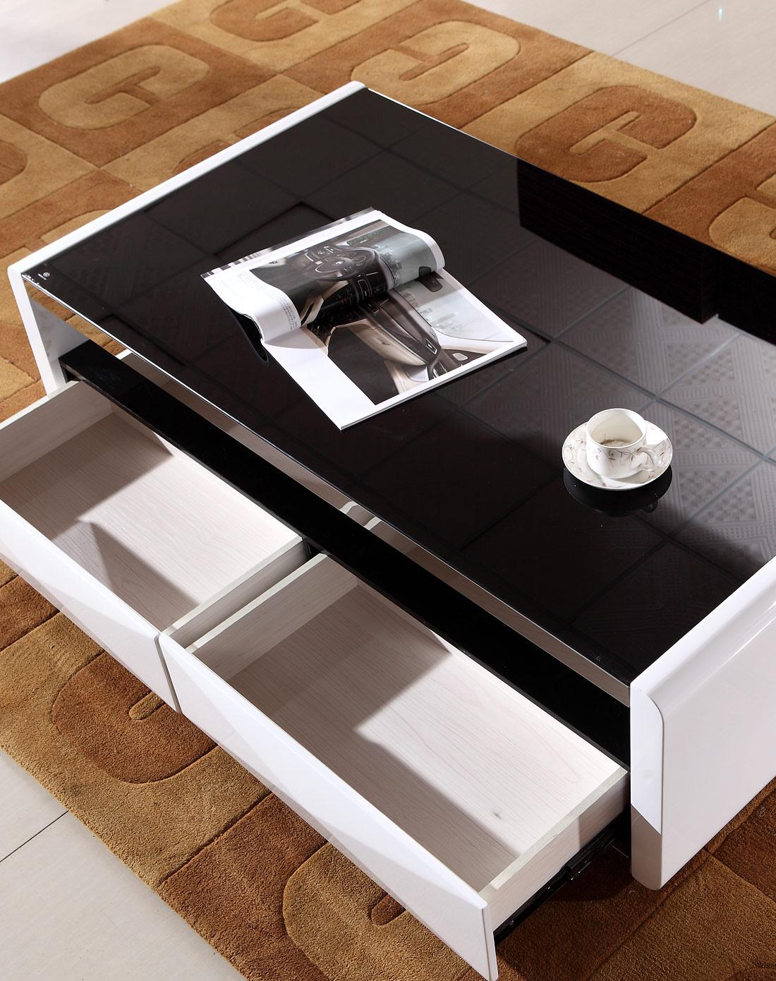 白色钢琴烤漆单面双抽钢化玻璃茶几