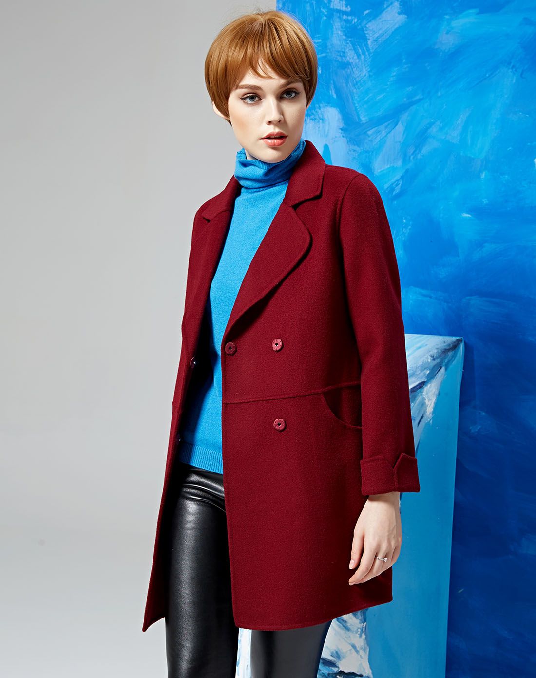 酱红暗扣大西装领双面呢大衣