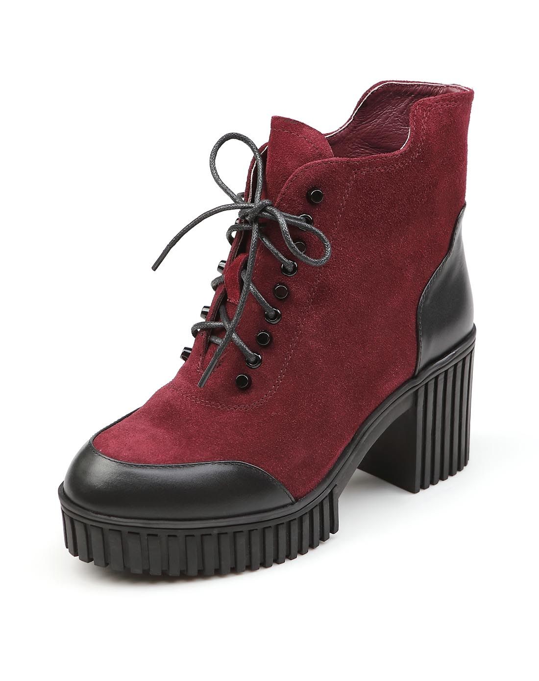 女款黑酒红色小牛皮/牛猄皮绑带粗跟短靴