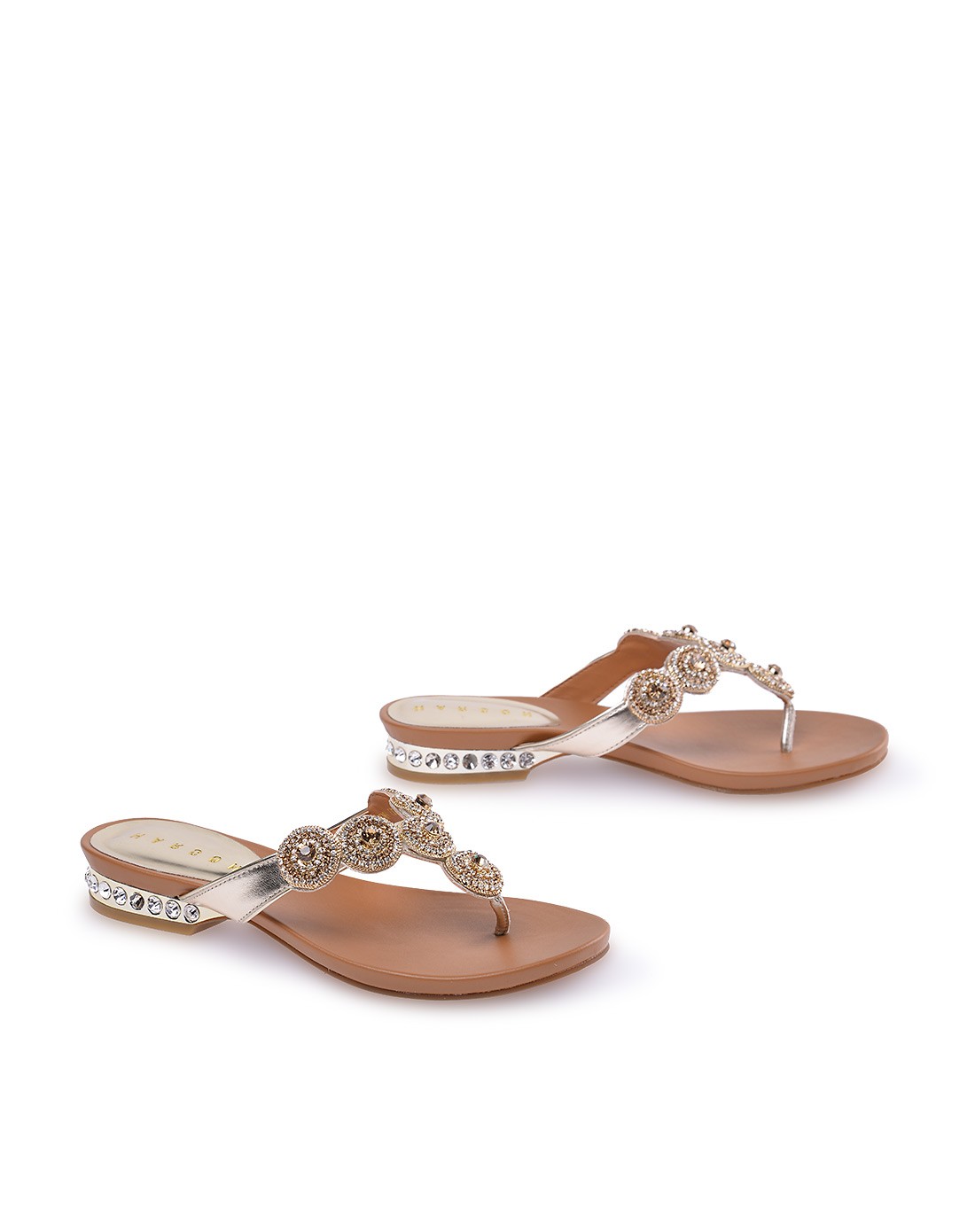 哈森女款金色人造革凉拖