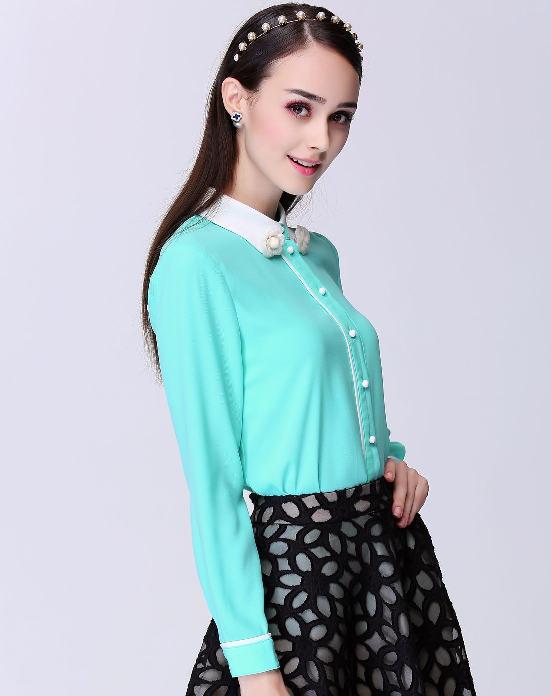 青色韩版纯色ol修身衬衫