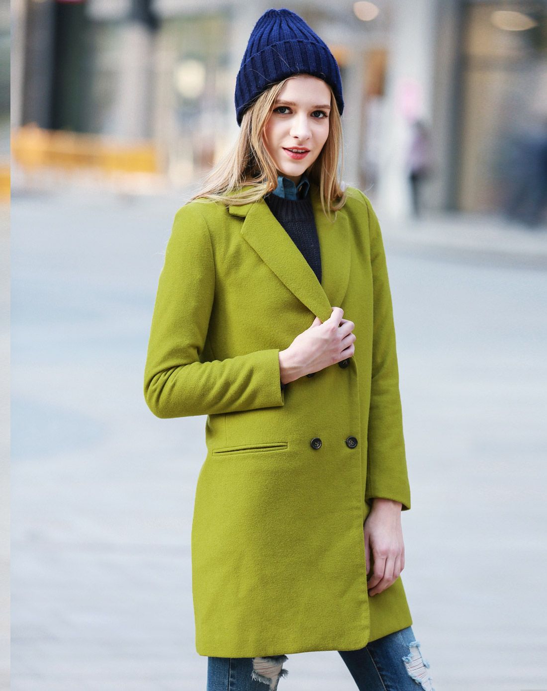 柠檬绿修身显瘦纯色优雅毛呢外套