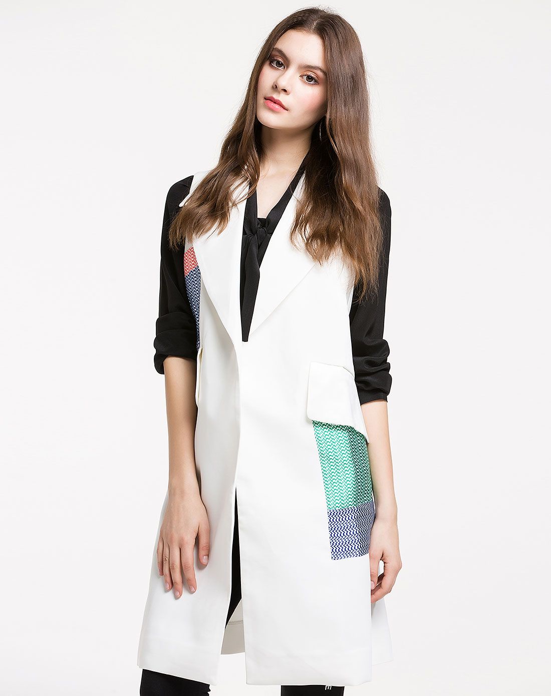 白色翻领中长款百搭气质马甲