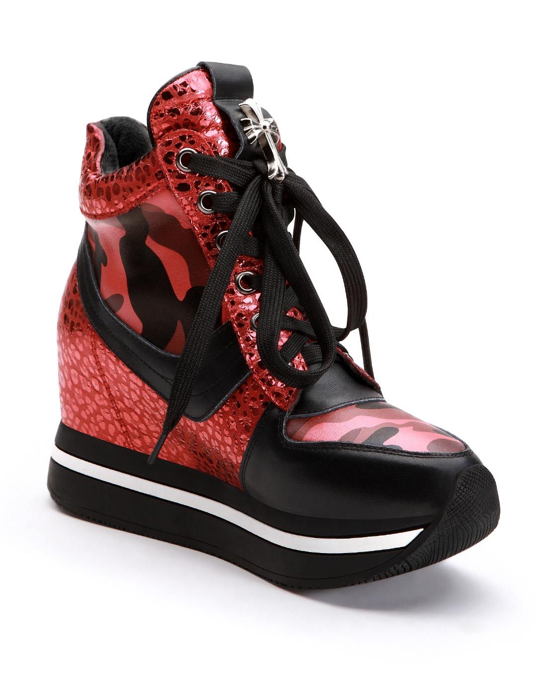 红色牛皮克罗心饰扣迷彩绒里内增高板靴