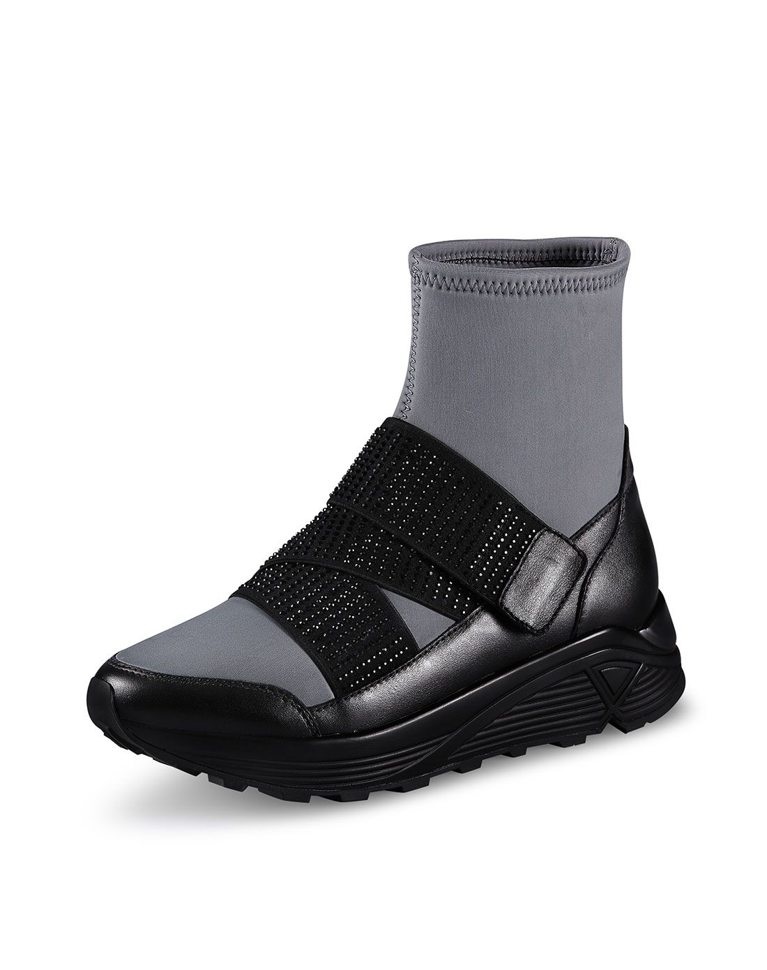 黑色/灰色牛皮/弹力布休闲短靴