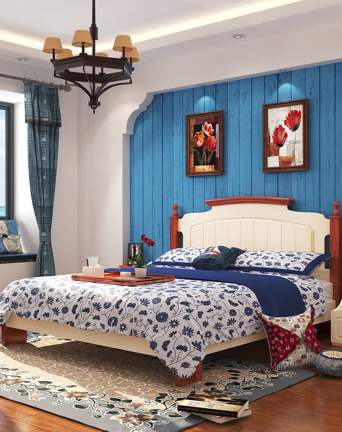 > 1.5米美式乡村珍珠白实木排骨高箱床