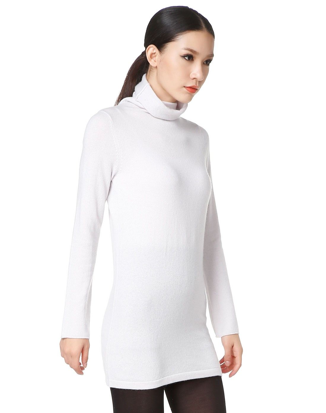 女款浅雪青高领100%山羊绒长袖连衣裙