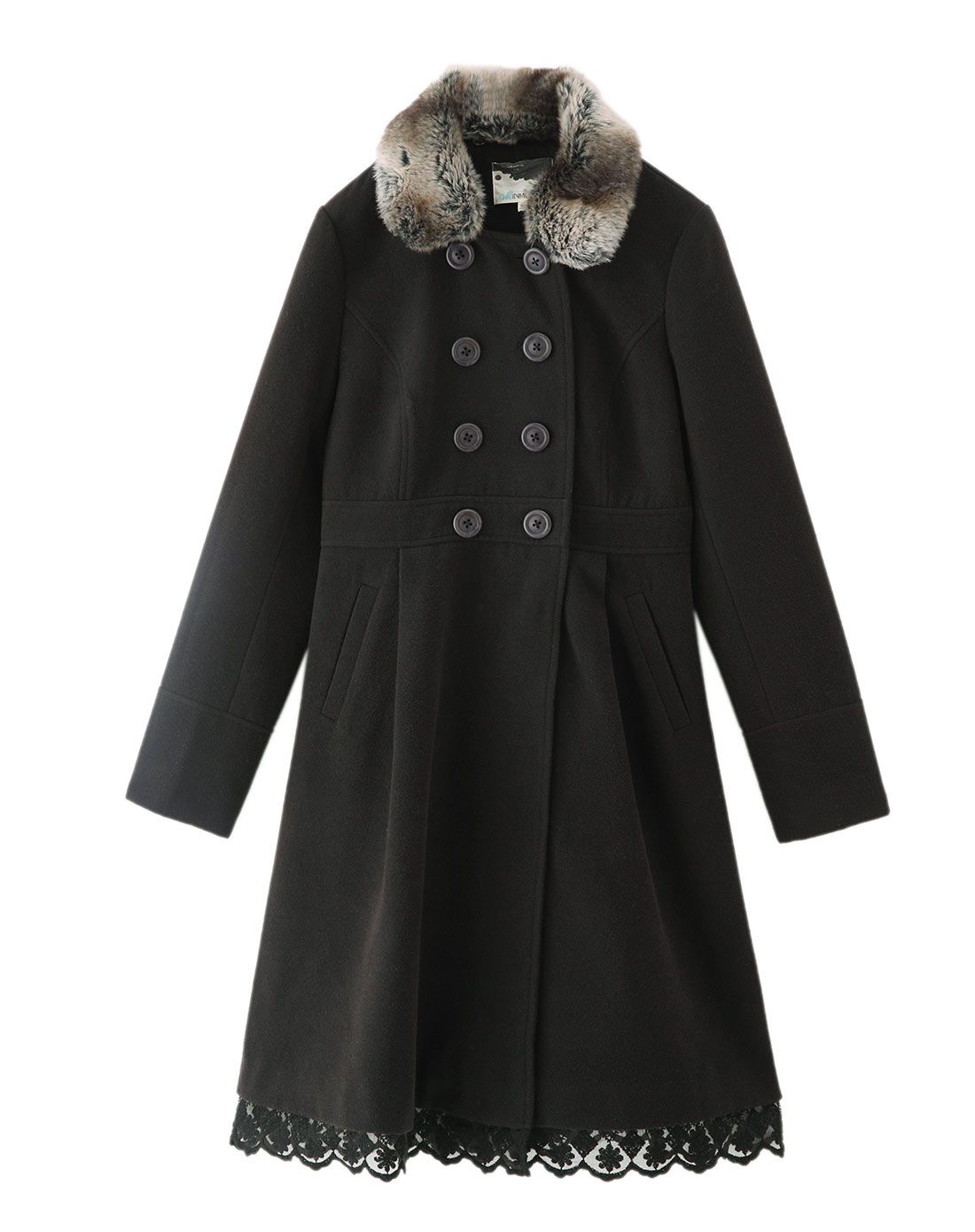 午夜黑毛领中长款毛呢大衣