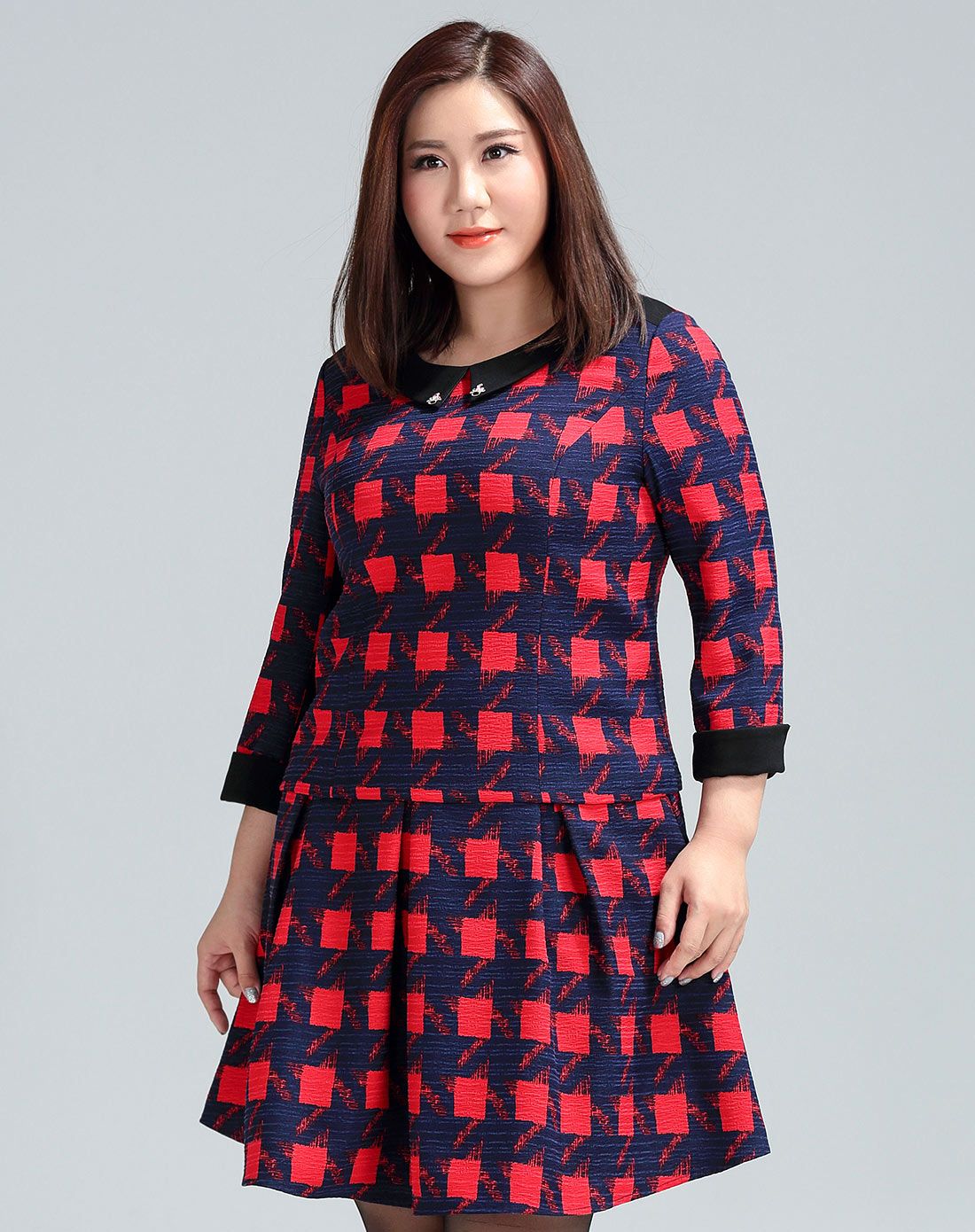 纤莉秀qianlixiu红蓝格色撞色套装格纹提花两件套套装qa4sw1301v06