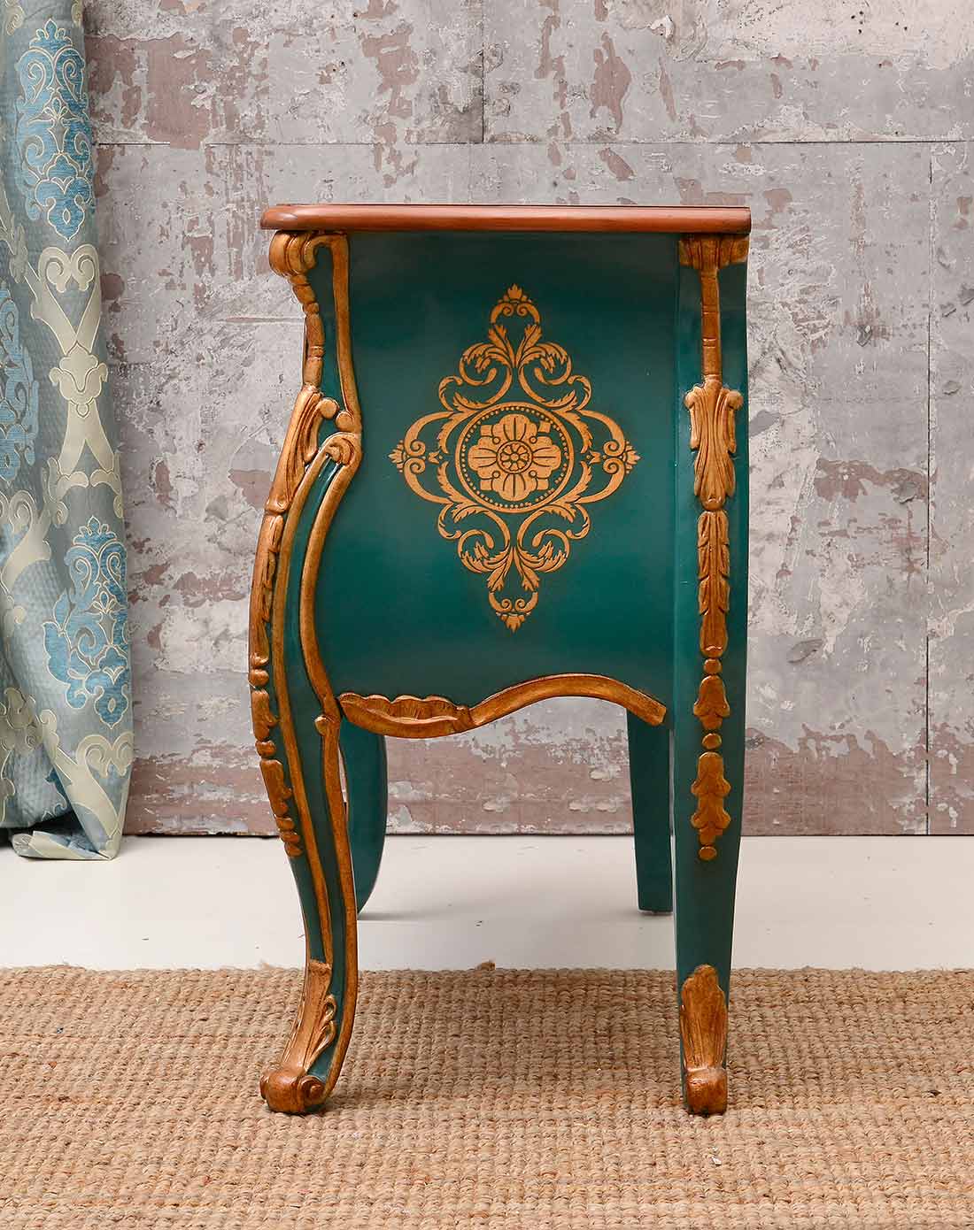 rococo洛可可系列手绘雕花边柜-孔雀绿