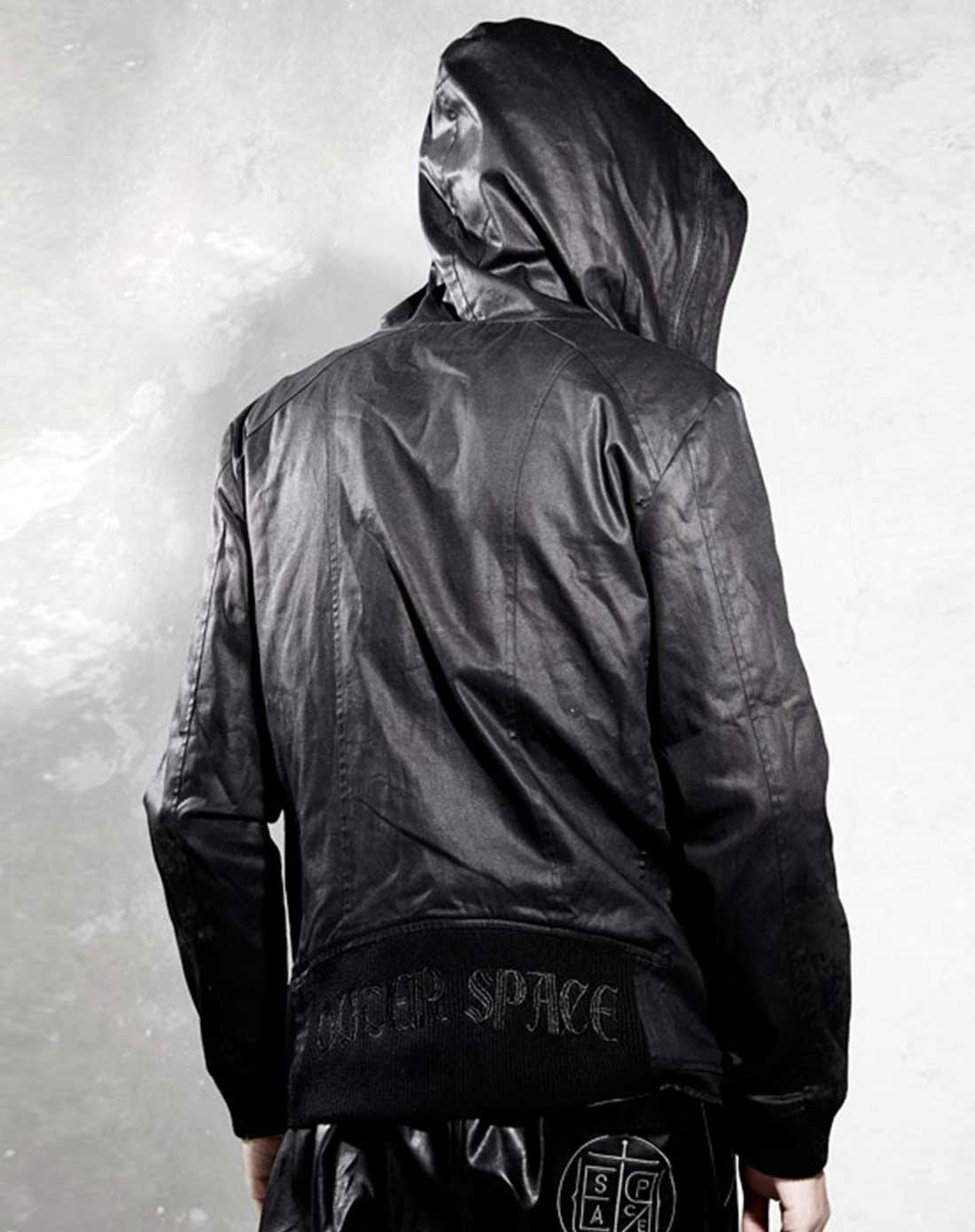 廖人帅潮牌 暗黑骷髅骑士斜门襟连帽黑色长袖夹克