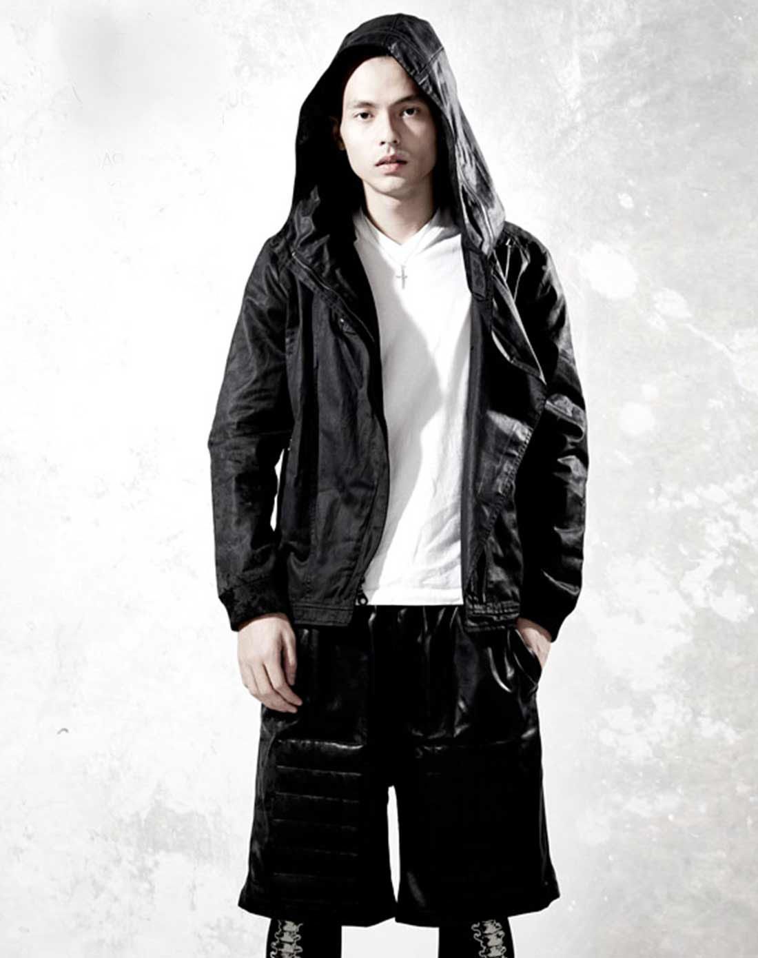 廖人帅潮牌 暗黑骷髅骑士斜门襟连帽黑色长袖夹克