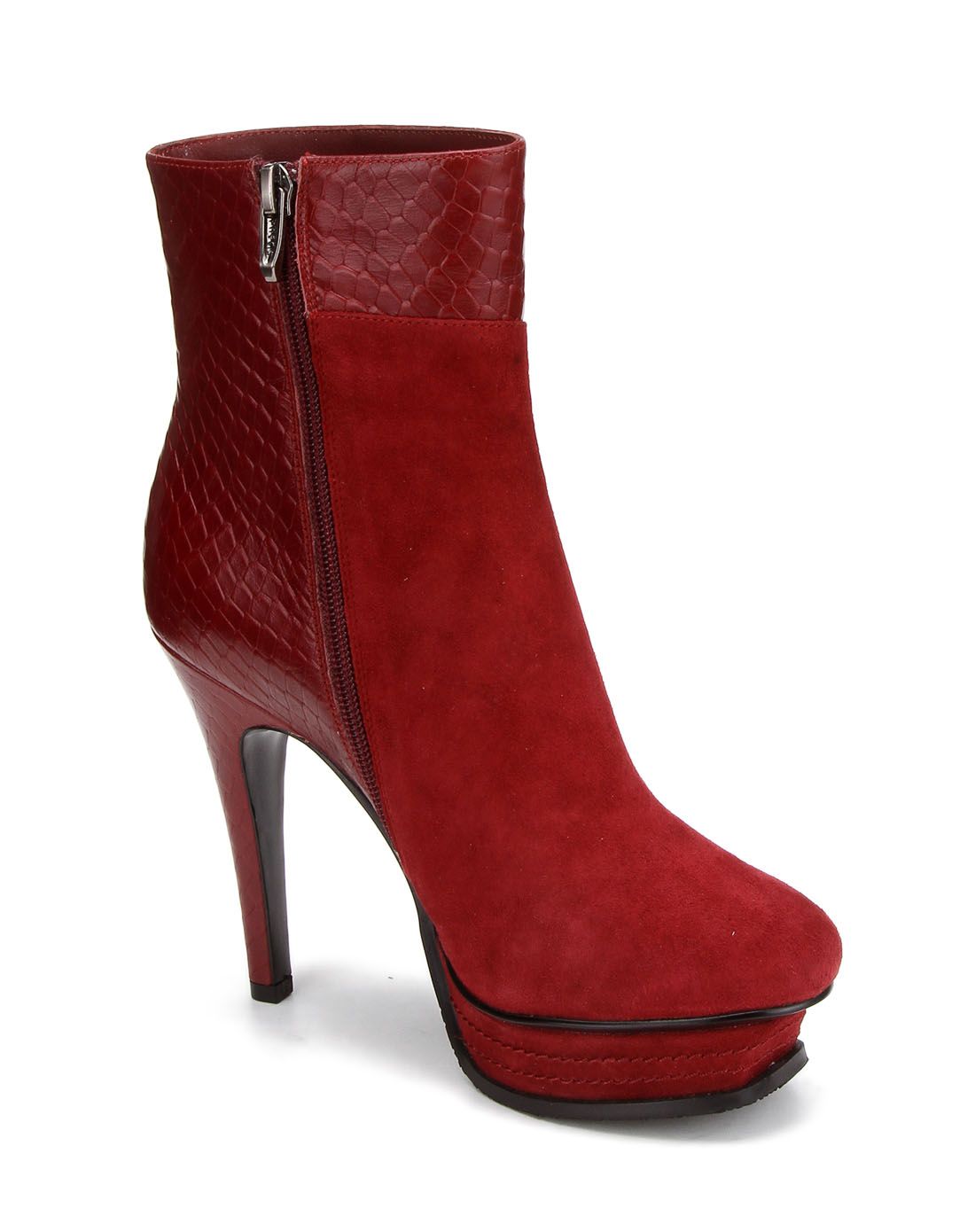 酒红色羊正绒尖圆流行/时装矮靴