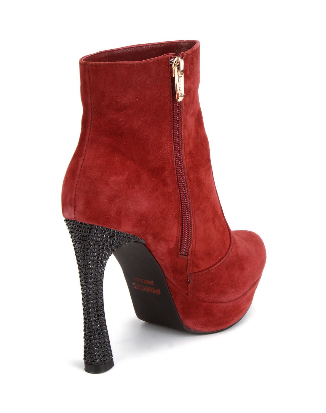 头层酒红色羊正绒尖圆流行/时装矮靴