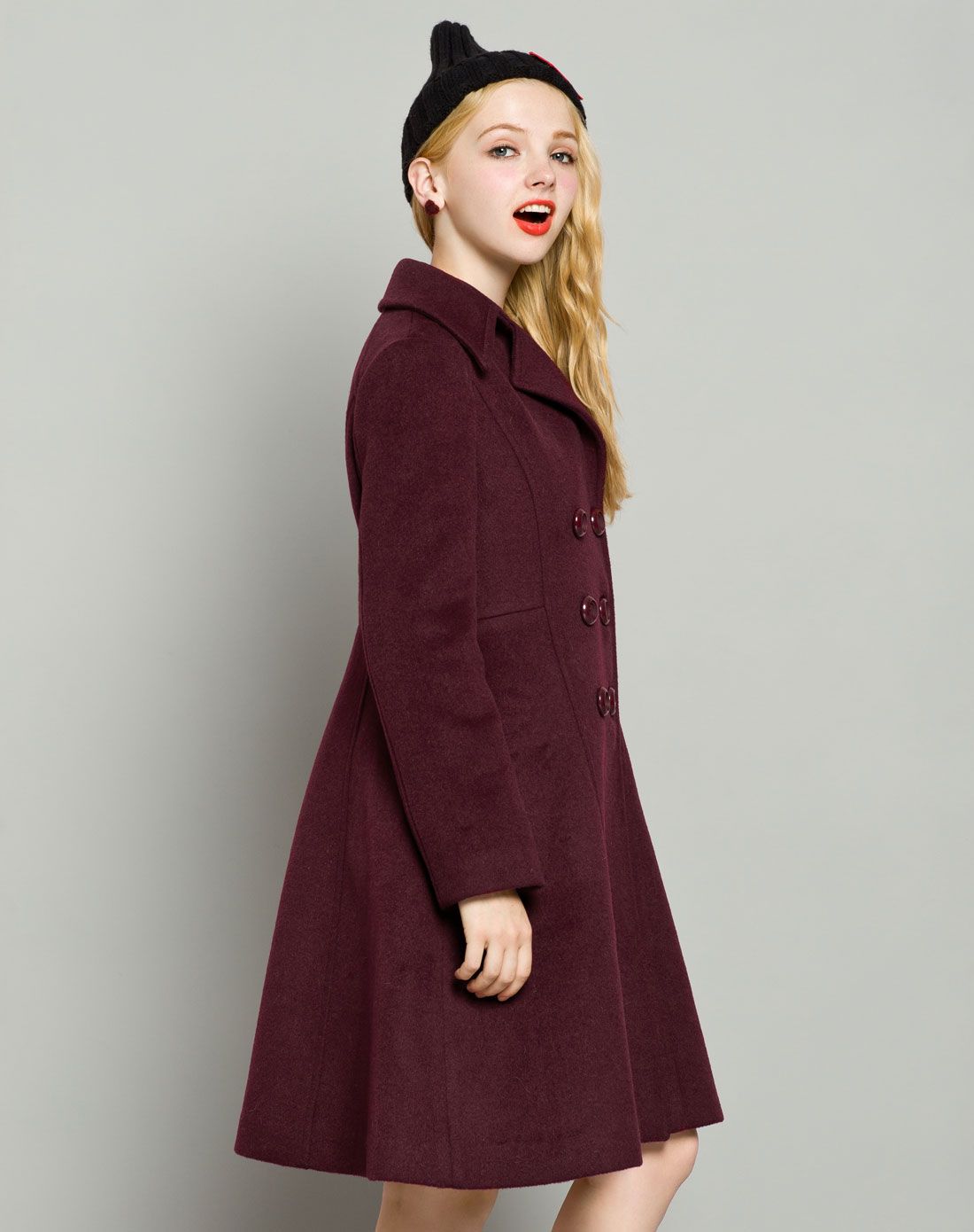 乐町暗红色收腰立领双排扣大衣cwaa5474319_唯品会