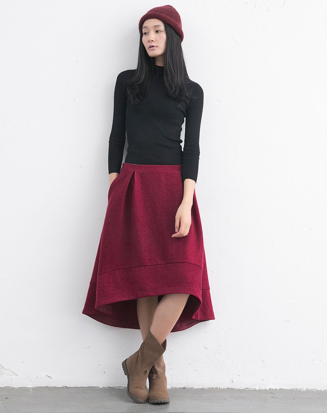 暗红色羊毛呢秋冬休闲加厚长裙