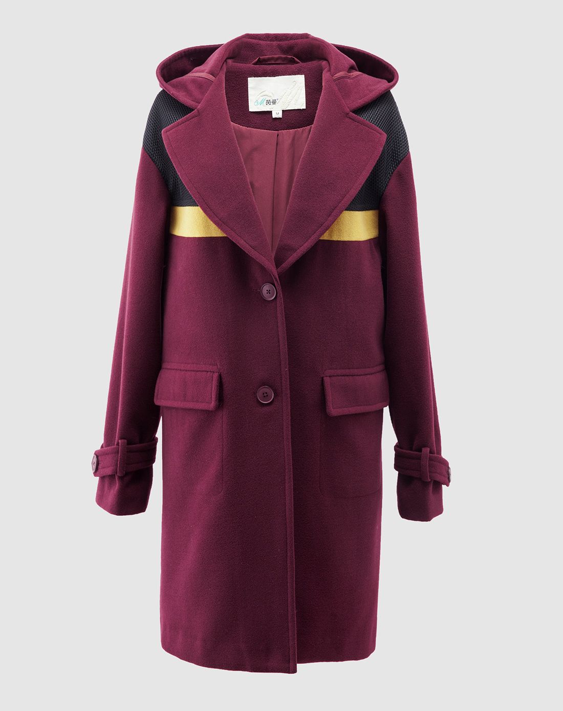 酒红色撞色翻领呢外套