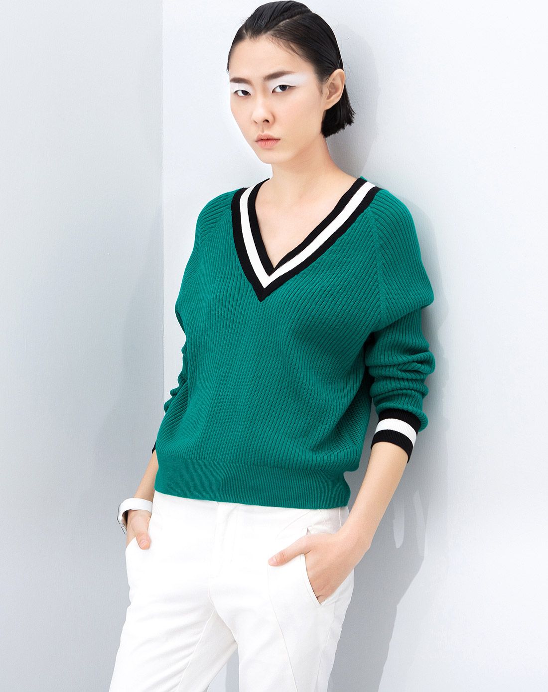 【春新款】青色v领毛针长袖针织衫