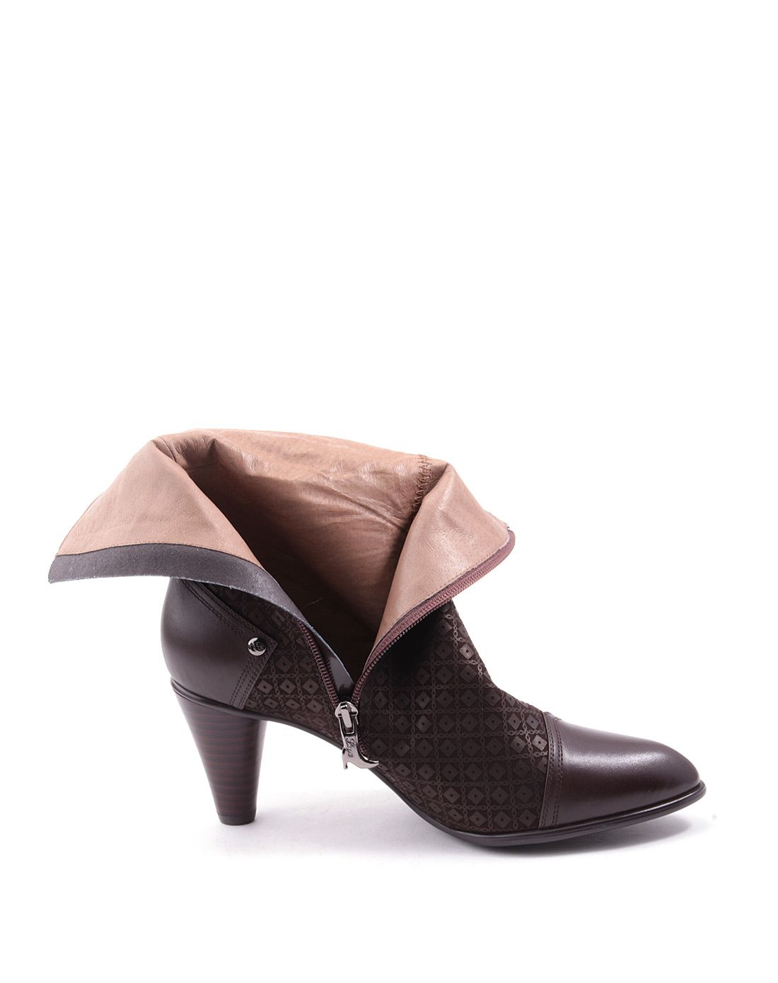 莱斯佩斯咖啡色牛花皮饰扣高跟短靴