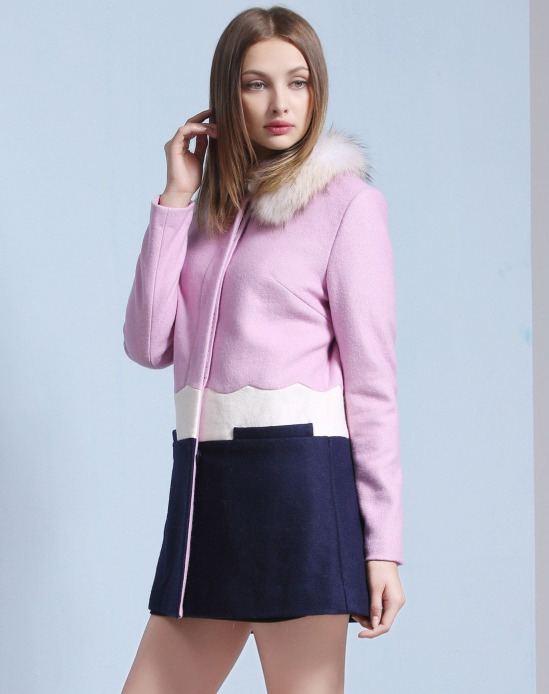 海贝香芋紫拼色毛领收腰毛呢大衣