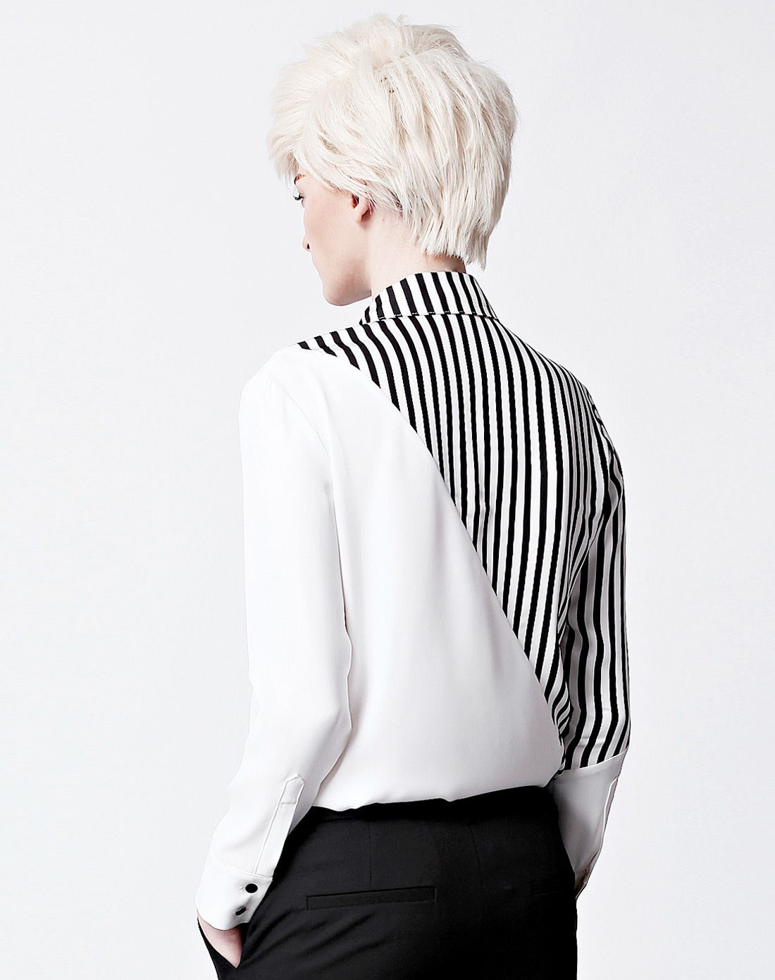 黑白条条纹拼接中性长袖女衬衫