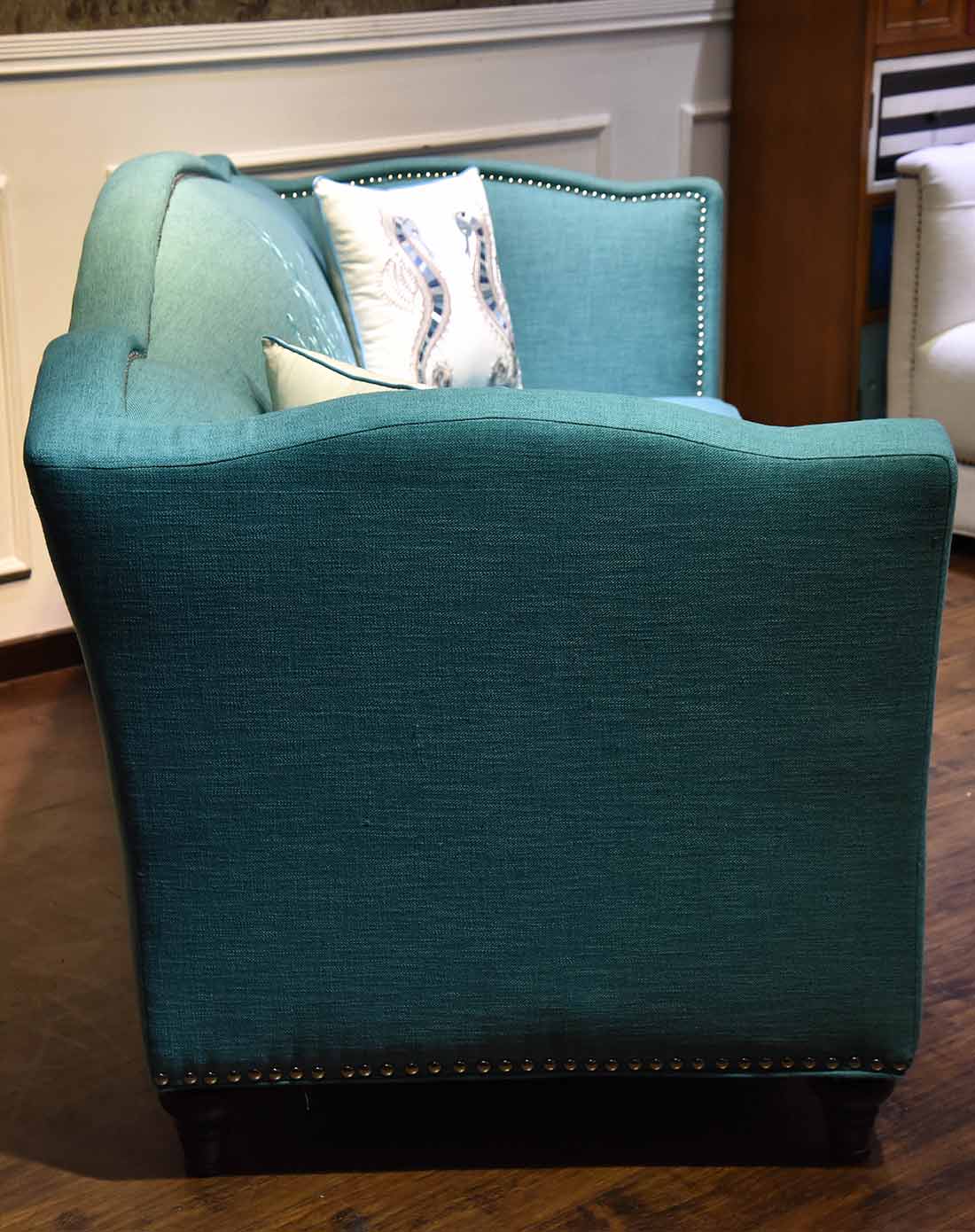 sten斯滕美式孔雀蓝纹饰布艺铆钉三人沙发