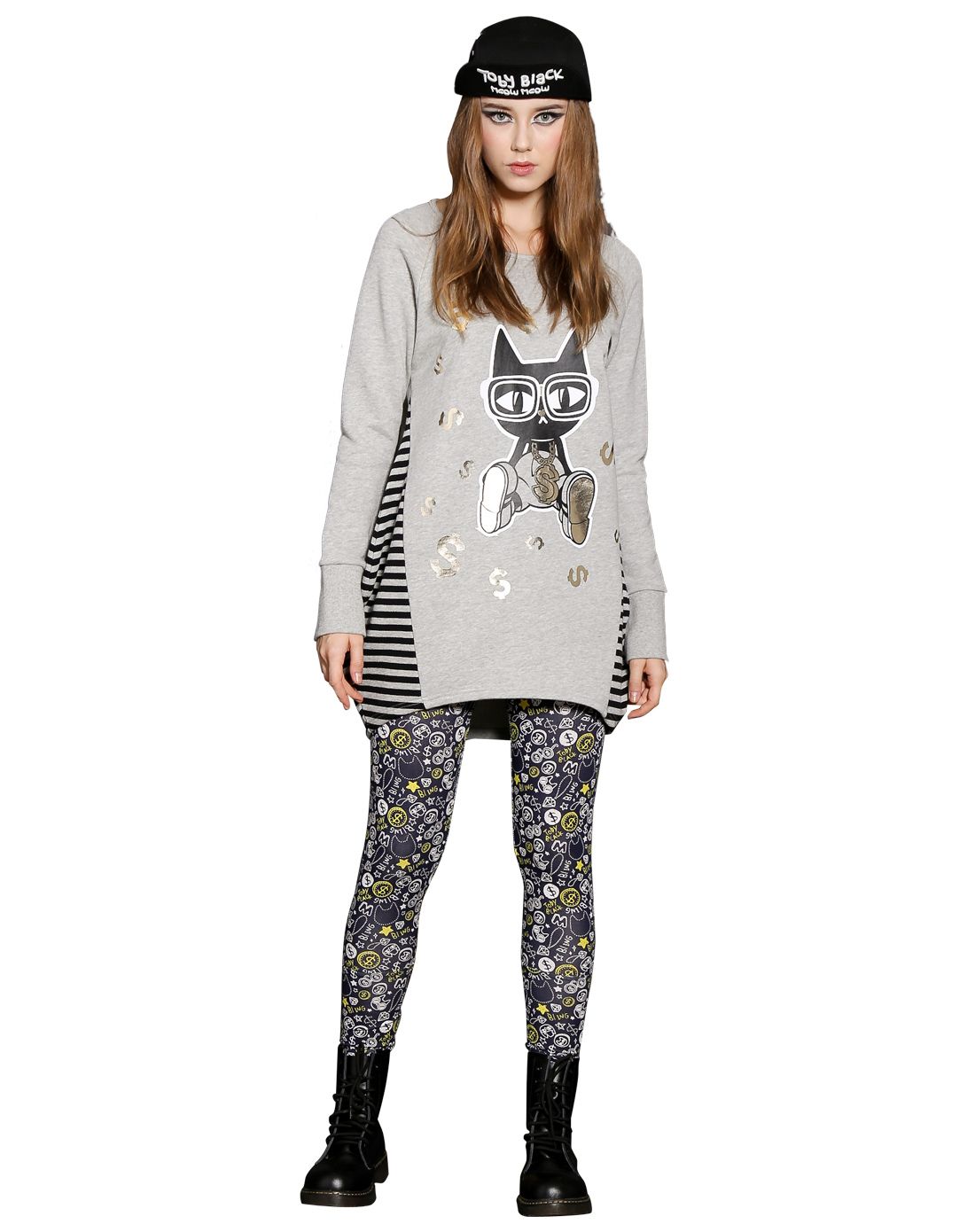 珍藏版花灰色嘻哈猫图案经典条纹拼接长款t恤