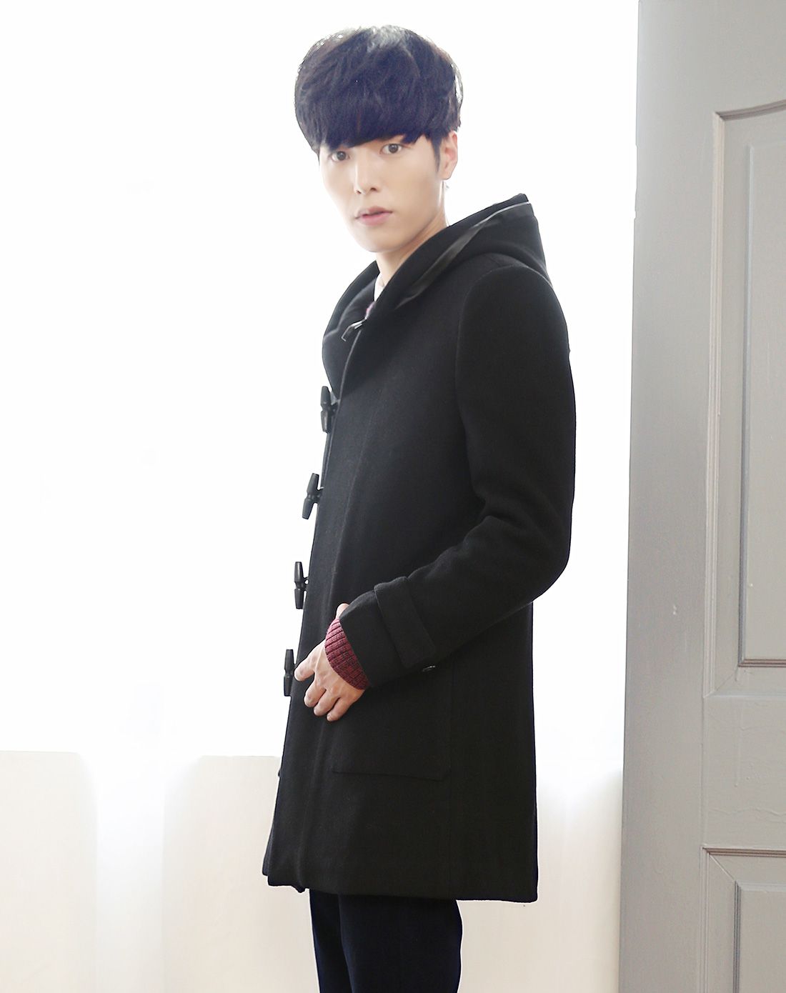 凡兔one-t男装移动专场男黑色连帽韩风时尚毛呢大衣1519heise_唯品会