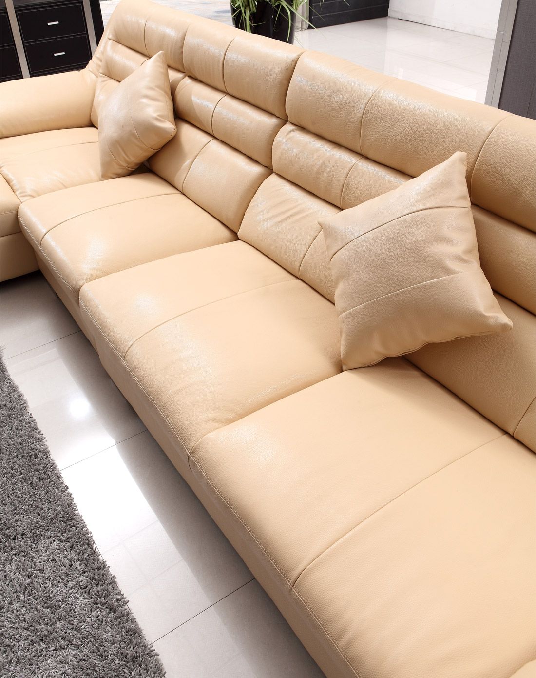 优质真皮沙发 客厅组合牛皮沙发 米黄色