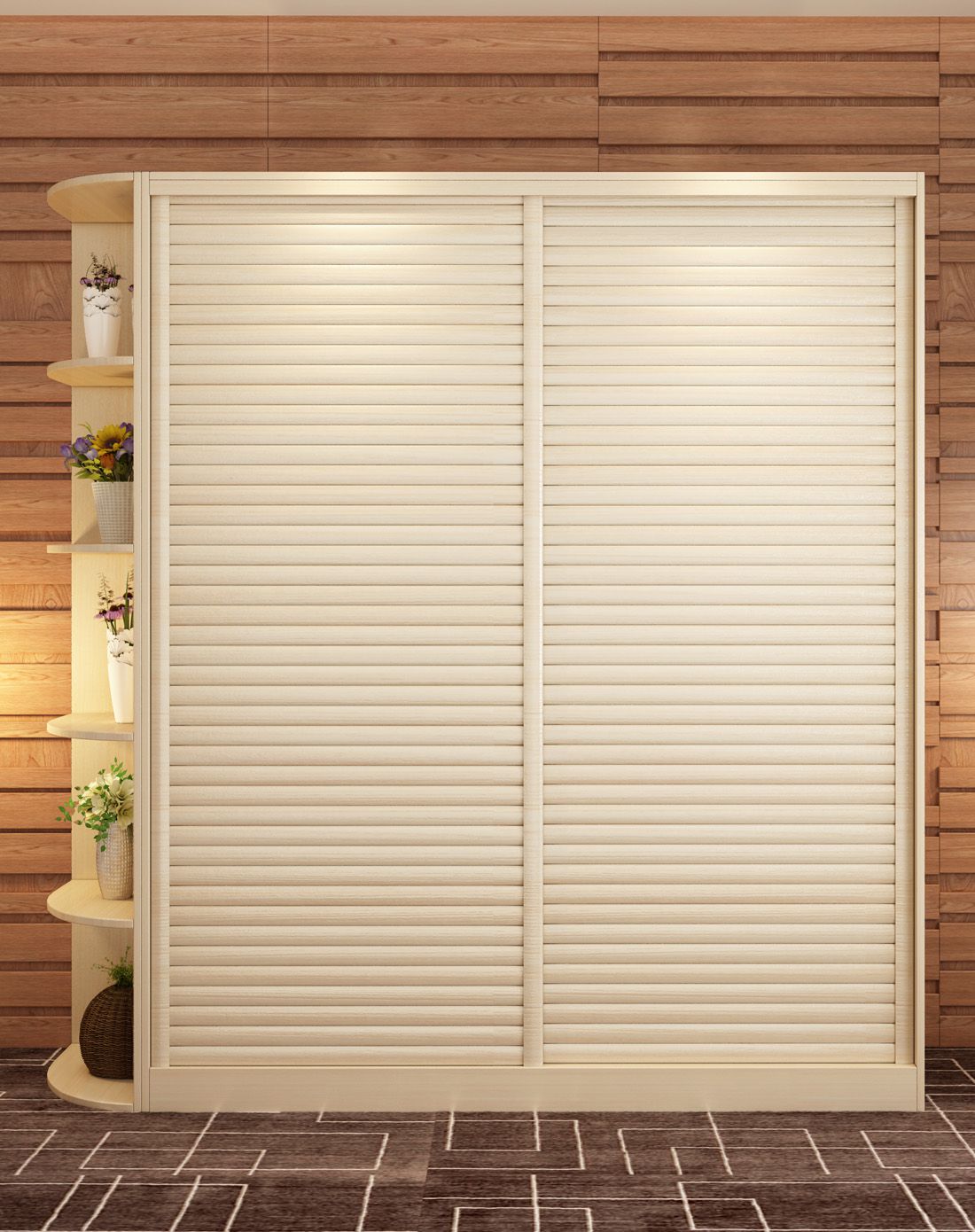 全尼斯百叶推拉两门衣柜 外置储物架总长2.1米 白樱桃色