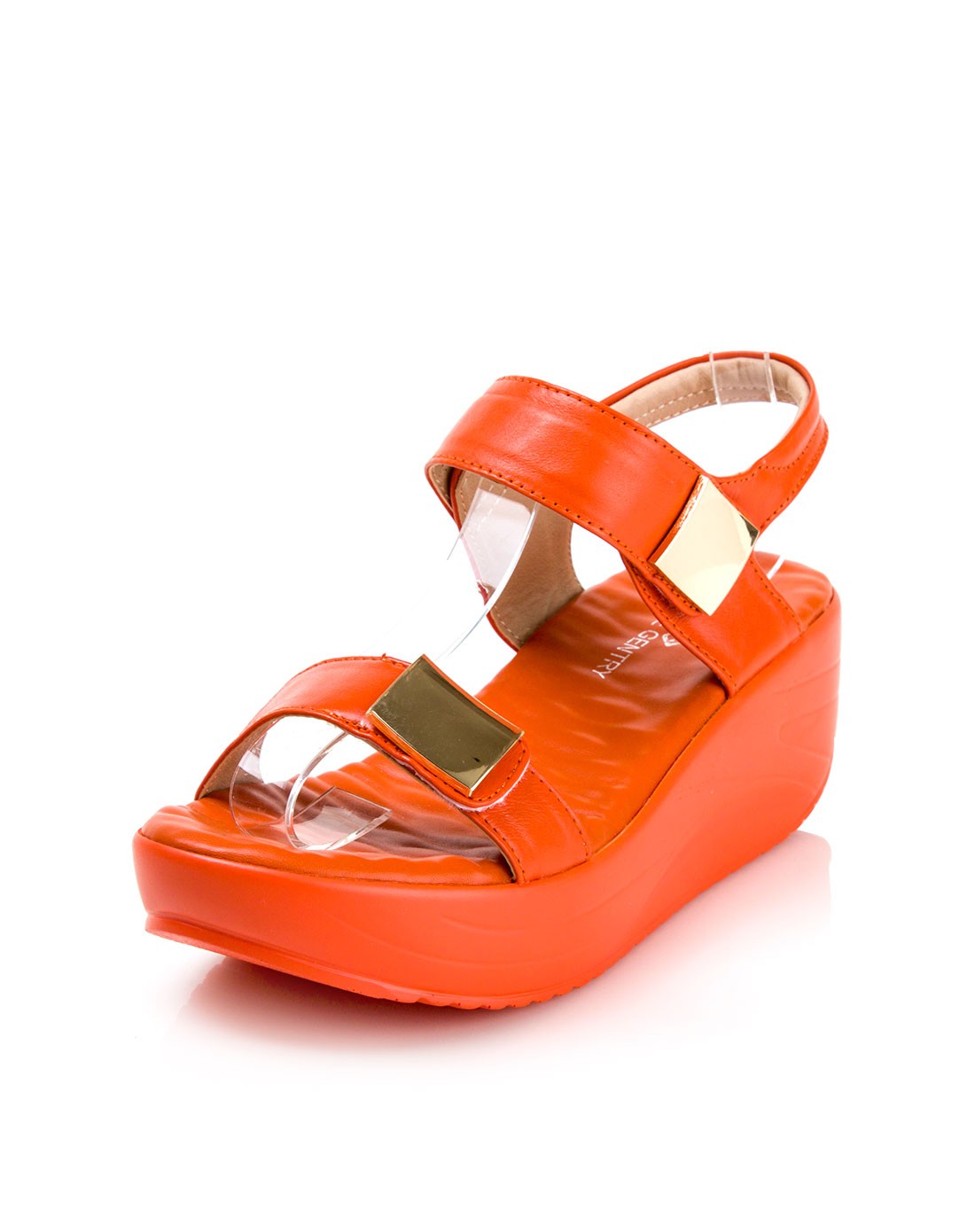 橙色牛皮魔术贴休闲厚底凉鞋