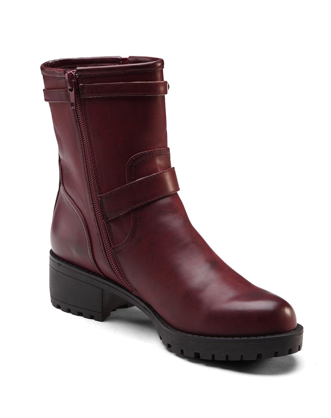 酒红色个性块跟齿轮底中性风中靴