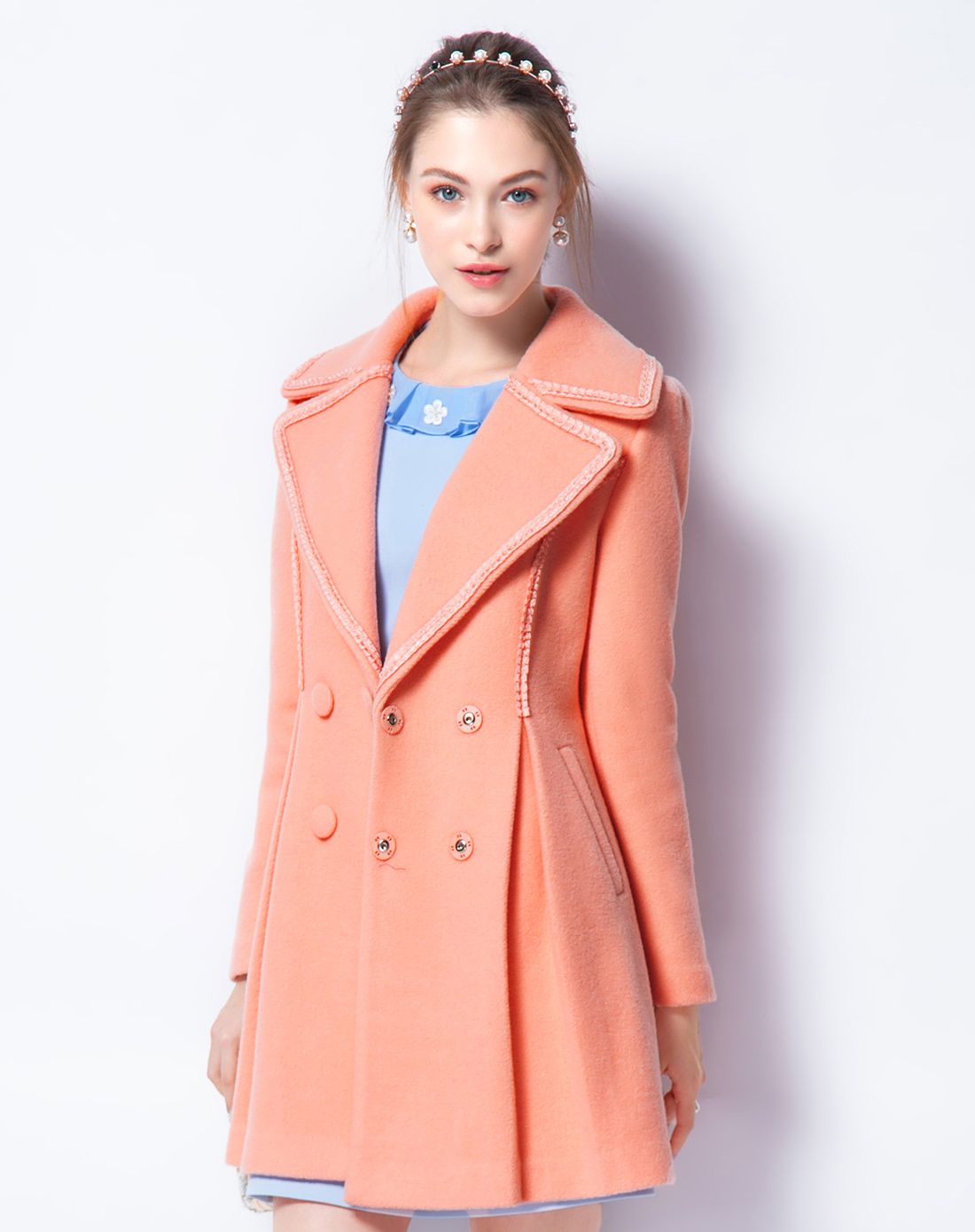 橘粉色翻领收腰毛呢外套