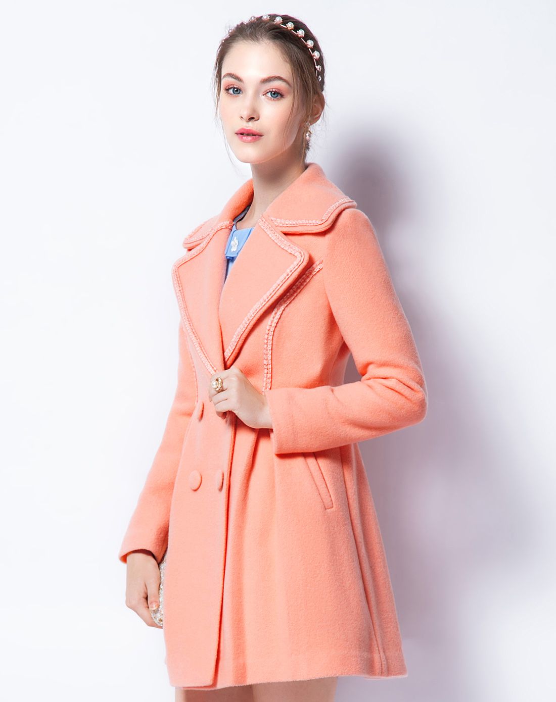 橘粉色翻领收腰毛呢外套