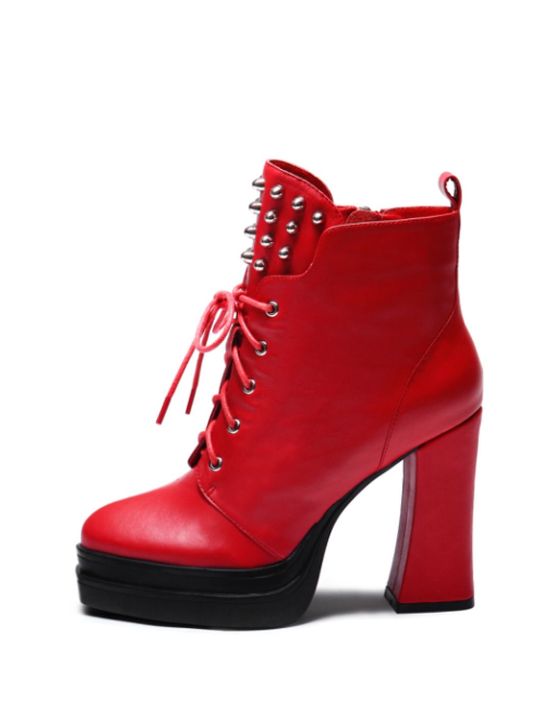红色-铆钉系带粗高跟短靴