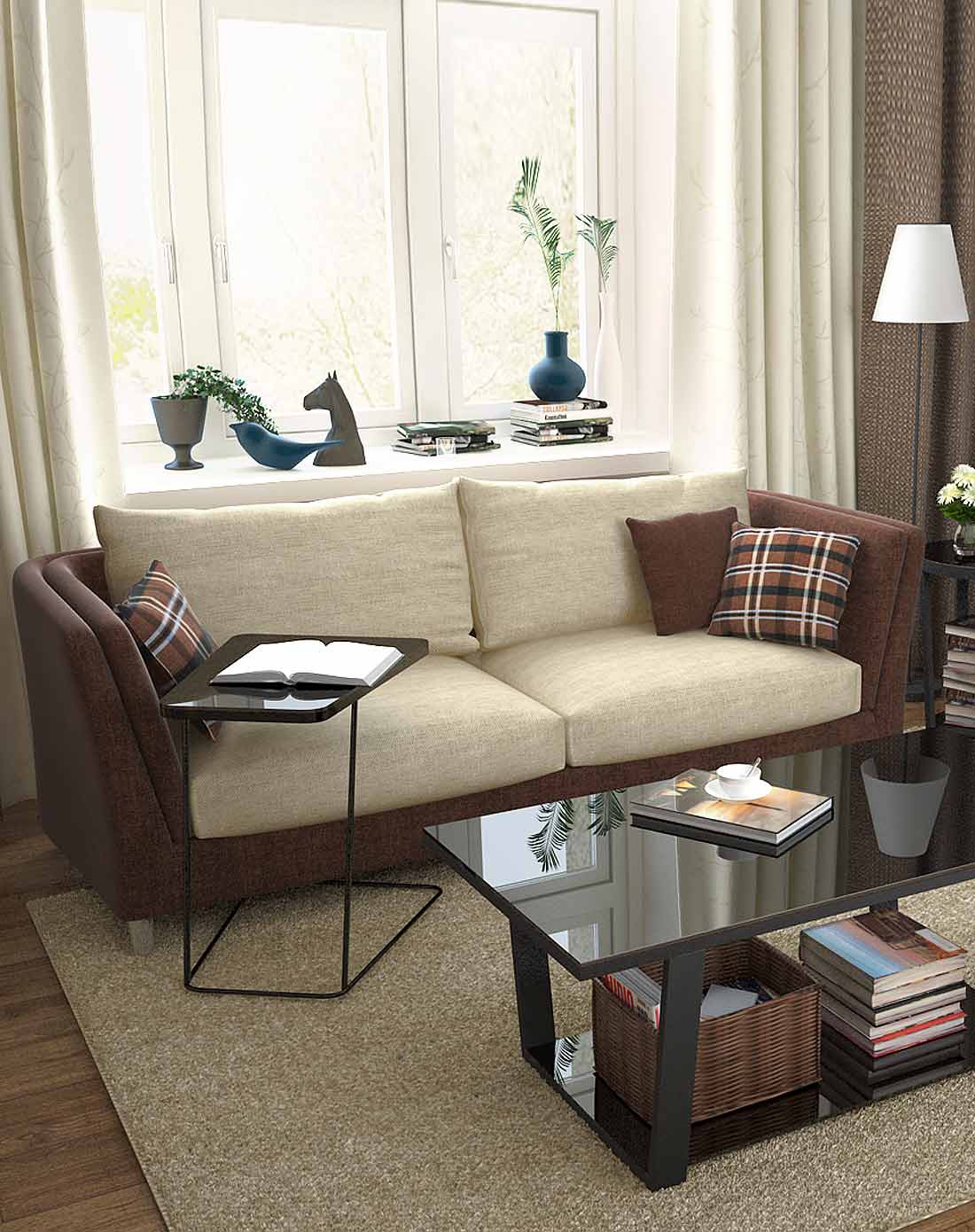 潮土creatwo家具舒适三人沙发米白色坐垫咖啡边送3个同系抱枕sf1005