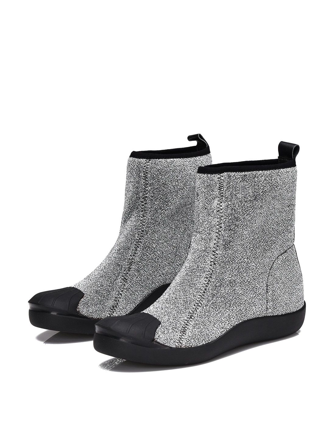 2015新款银色弹力布圆头短靴