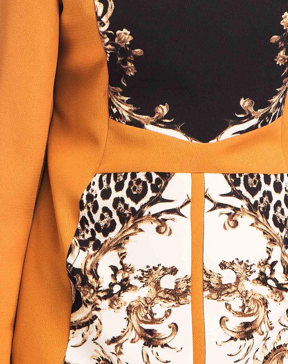 时尚花纹撞色拼接收腰长袖连衣裙