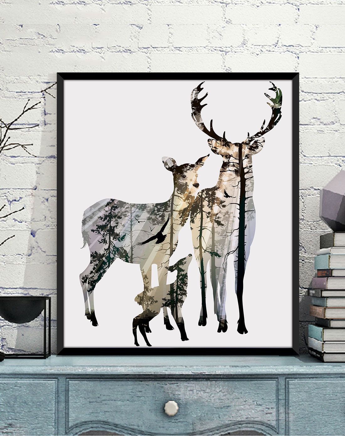 北欧风进口原版画芯装饰画 麋鹿一家