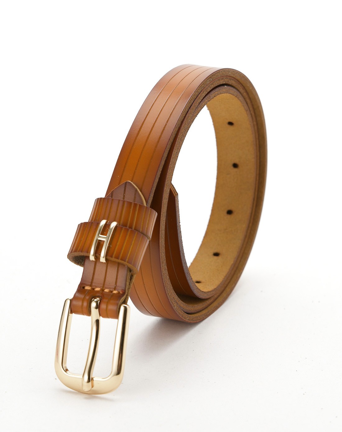 makko女士土黄色牛皮双色条纹针扣皮带