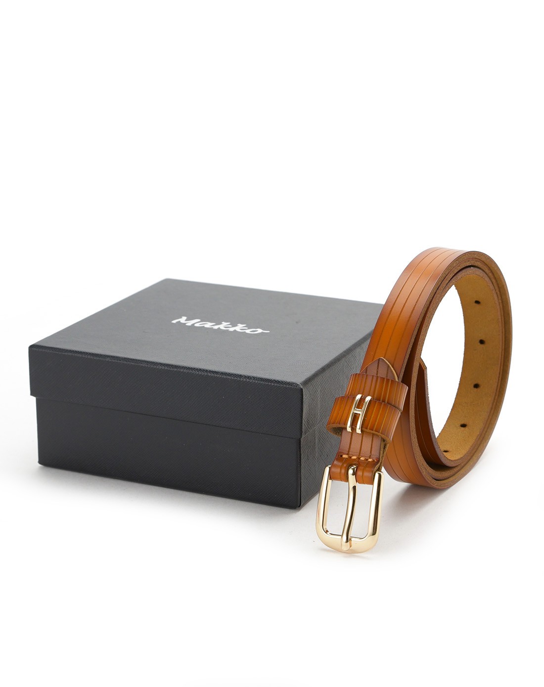 makko女士土黄色牛皮双色条纹针扣皮带